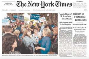 It’s This Bad=> NY Times Front Page Has Photo of Hillary Clinton Welcomed by Trump Signs in Florida…