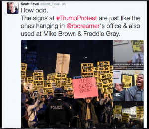 TWITTER SUSPENDS THE ACCOUNT OF FMR. DEMOCRAT OPERATIVE SCOTT FOVAL: SHOWED THAT ANTI TRUMP SIGNS ARE THE SAME ONES IN ROBERT CREAMER’S OFFICE, AND AT THE MIKE BROWN AND FREDDIE GRAY PROTESTS – DEMOCRAT SPONSORED…