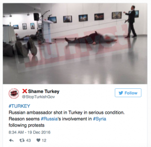 (IS THIS OBAMA’S RETALIATION TO SUPPOSED RUSSIAN HACKING?) PHOTOS-VIDEO: RUSSIAN AMBASSADOR Andrey Karlov Shot Dead in Turkey — Assassin Was Shouting “Allahu Akbar!”