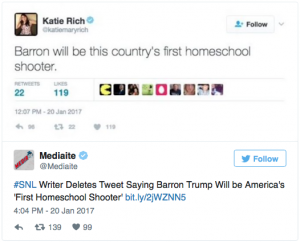 IS IT TIME FOR SNL TO CLOSE SHOP?: ‘Saturday Night Live’ Writer Tweets Barron Trump Will Be America’s ‘First Homeschool Shooter’…