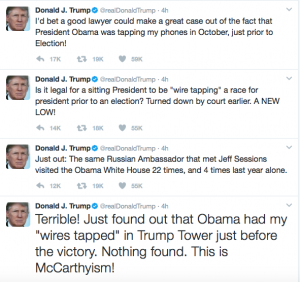 MAN AMONG WOLVES:  ‘This is McCarthyism!’ Donald Trump claims Barack Obama had his ‘wires tapped’ at Trump Tower before he was elected…