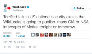WiKiLEAKS: Terrified talk in US national security circles that WikiLeaks is going to publish  many CIA or NSA intercepts of Merkel tonight or tomorrow…