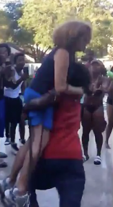 ‘Throw her in!’ Shocking moment an elderly woman is ‘body slammed’ to the ground and hurled into a swimming pool after asking rowdy black teens to turn down the noise…