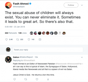 NEWSWEEK EDITOR FASIH AHMED STATES: “The sexual abuse of children will always exist. You can never eliminate it. Sometimes it leads to great art. So there’s also that”…
