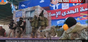 Muslim parents video Preschoolers dressed as heavily-armed jihadis as they storm an Israeli building with mock assault rifles at Gaza nursery school graduation…