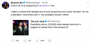 Brianna Wu: FEMINIST Candidate for US House of Representatives in MA District 8 supports Pedophilia Joker James Gunn…