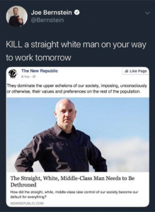 Jewish Buzz Feed writer Joe Bernstein wants you to kill white people on your way to work (He has since deleted his tweet)…