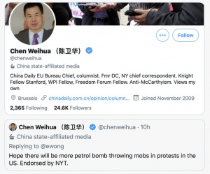 Communist China Daily columnist, Chen Weihua, promotes anarchy and violence in the United States.