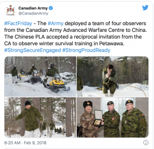 Canada: The Department of National Defence has confirmed China’s People’s Liberation Army was indeed on Canadian soil in February of 2018 for the Canadian Armed Forces winter training exercises.